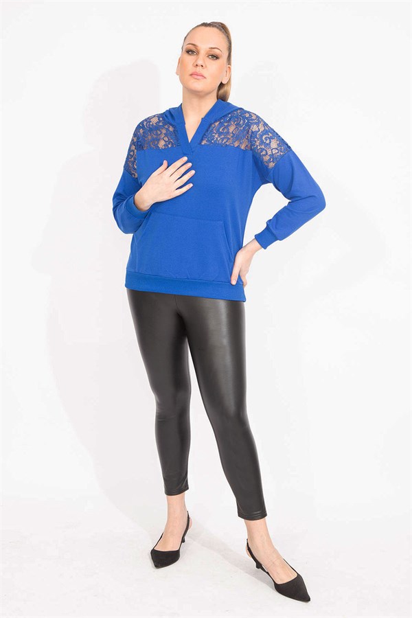 Kadın Saks Robası Dantel Ve Kapşon Detaylı Kanguru Cepli Sweat Shirt 65N35463
