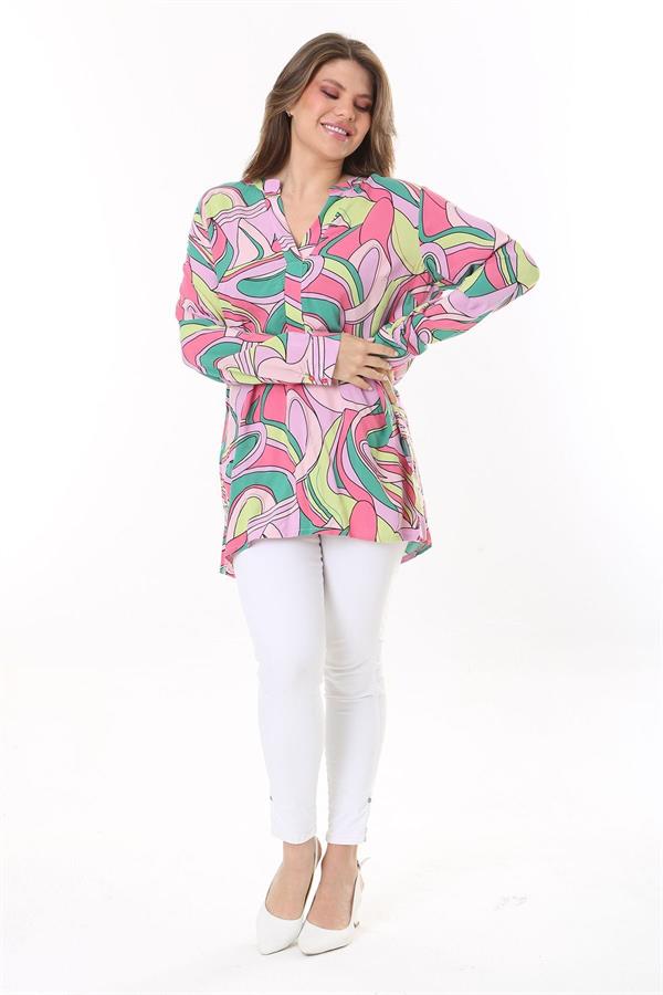 Kadın Büyük Beden Renkli Dokuma Viskon Kumaş Yan Yırtmaçlı V Yakalı Tunik 65N37789