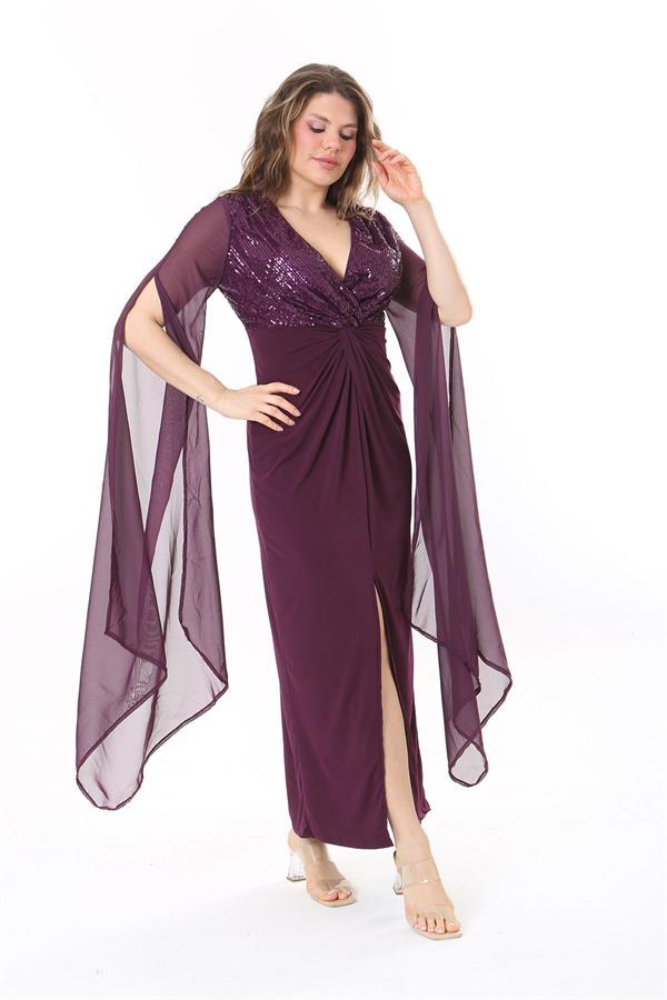 Kadın Büyük Beden Mürdüm Payet Ve Göğüs Büzgü Detaylı Kolları Şifon Elbise 65N37963