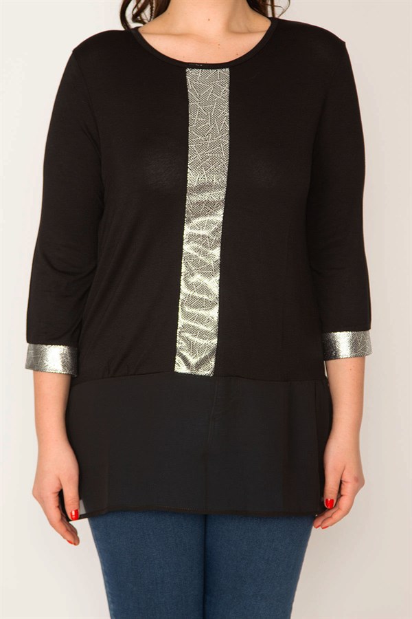 Kadın Siyah Lame Detaylı Etek Ucu Şifon Tunik 65N32079
