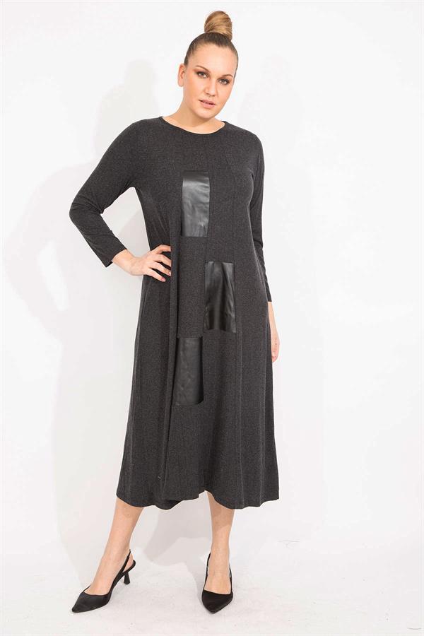 Kadın Antrasit Suni Deri Garnili Uzun Kollu Elbise 65N35528
