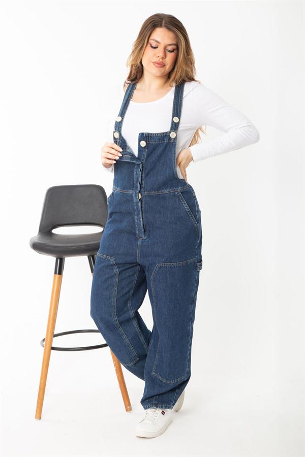 Salopette en jean bleu marine pour femme, boutonnée et à bretelles dissimulées, 65N37372