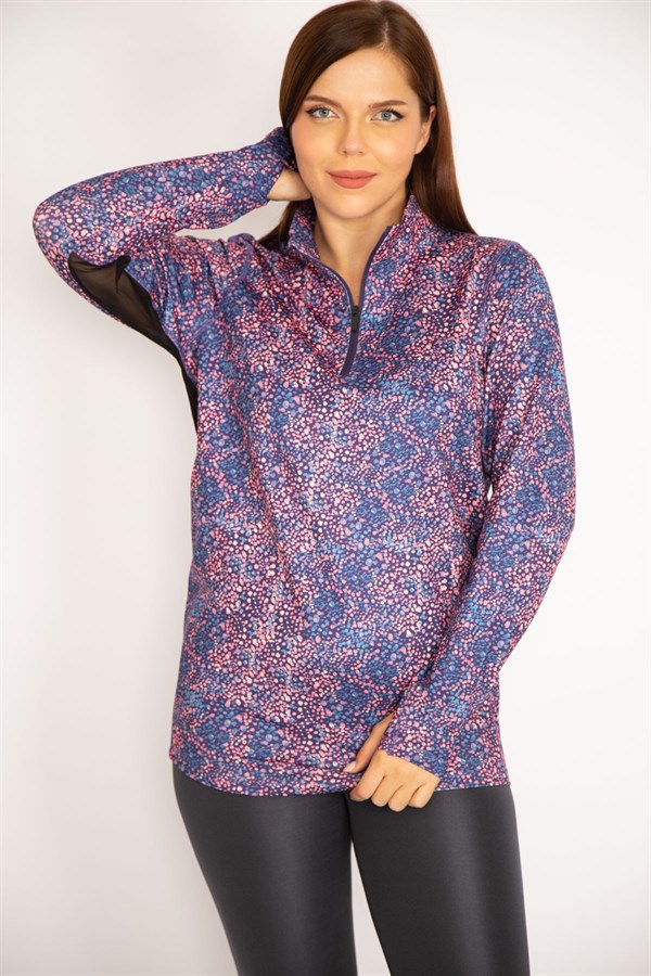 Women's Colorful Front Placket Zippered Underarm Tulle Detailed Sports Sweatshirt 65N34944