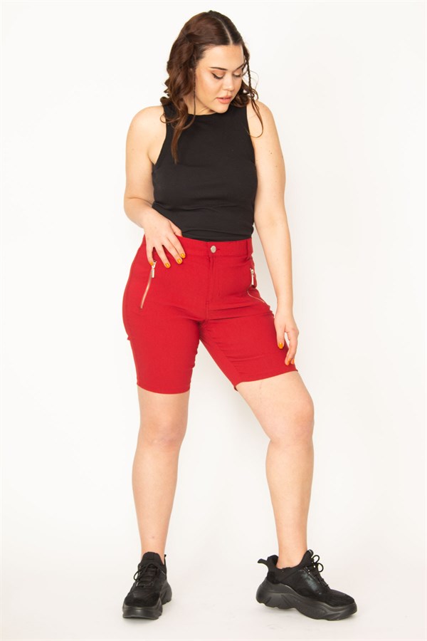 Kadın Bordo Likralı Bengalin Kumaş Fermuar Detaylı Şort 65N32696