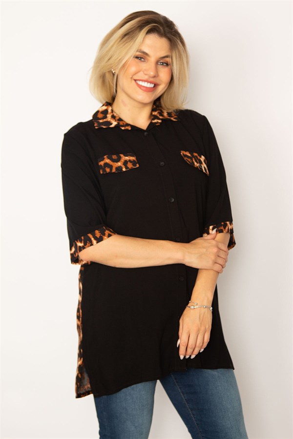 Kadın Siyah Loopar Garnili Dokuma Viskon Kumaş Gömlek 65N34279