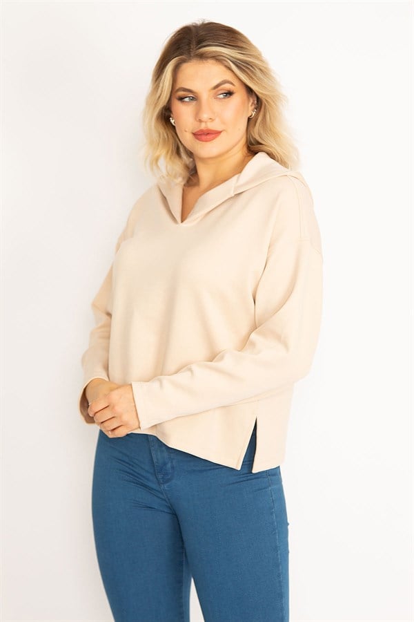 Women's Beige Hooded Side Slit Lycra Sweatshirt 65N34750