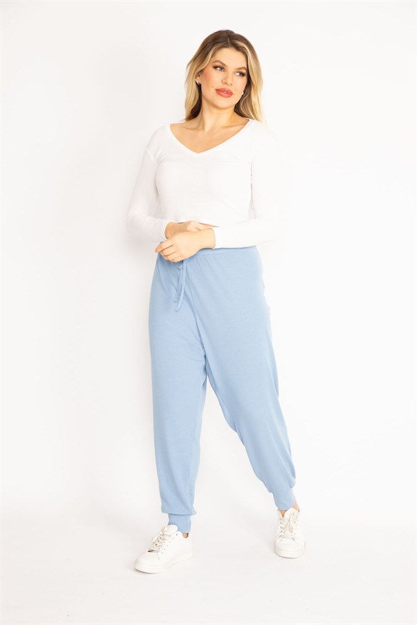 Kadın Bebe Mavisi Kendinden Çizgili Bel Bağcıklı Pantolon 65N35103