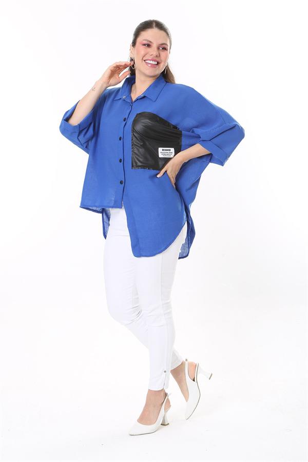 Chemise en similicuir grande taille pour femme, fermeture à boutons-pression, poche et détail sur le devant 65N37698 Chemise en similicuir grande taille pour femme, fermeture à boutons-pression, poche et détail sur le devant 65N37698