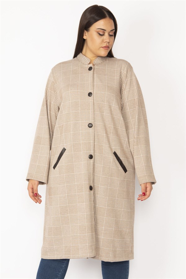 Hakim Yaka Ekose Desenli Ön Boy Baskı Düğmeli Cep Ağzı Suni Deri Garnili Astarsız Uzun Kap