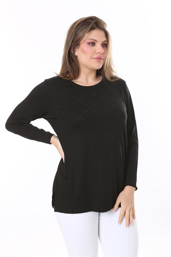 Kadın Büyük Beden Siyah Önü Taş Ve Sırtı Dantel Detaylı Uzun Kollu Bluz 65N37803