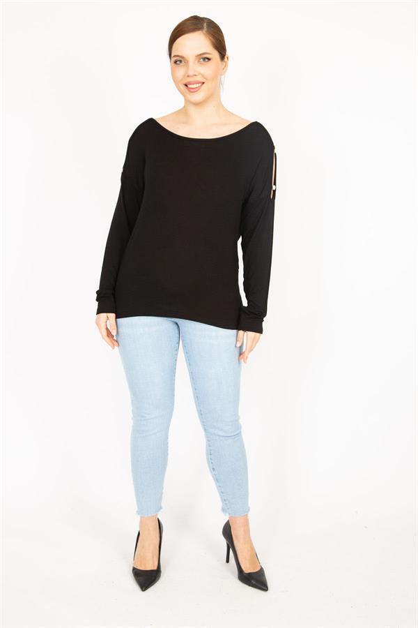 Kadın Siyah Büyük Beden Omuz Dekolteli Bluz