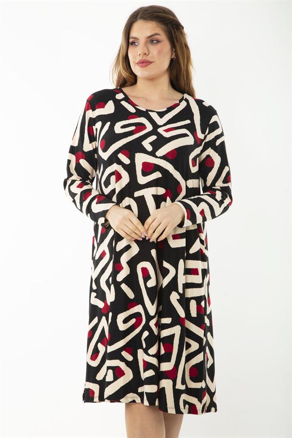 Kadın Büyük Beden Renkli Uzun Kollu Desenli Elbise 65N37192