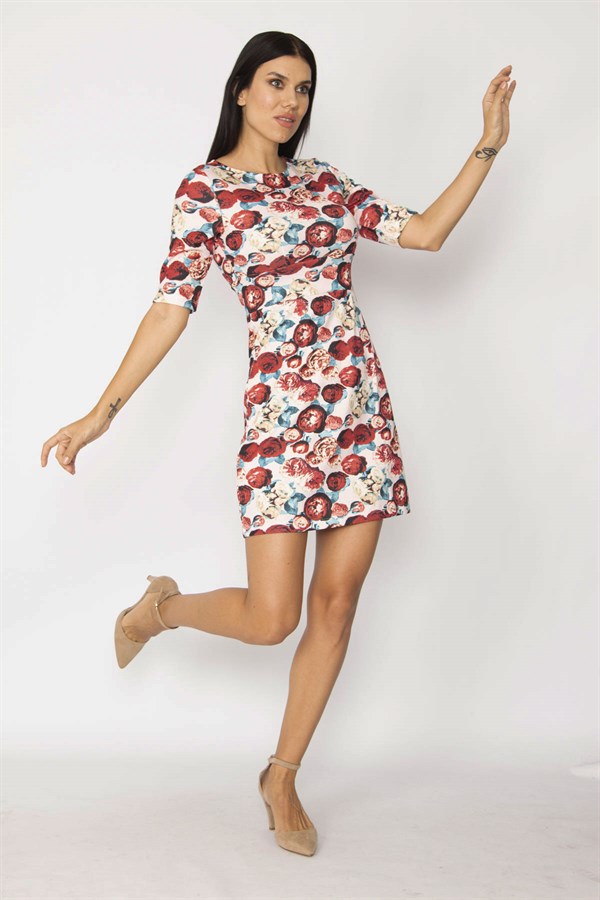 ROBE COL RAS DU COU COLORÉE À MOTIFS FLEURIS POUR FEMME