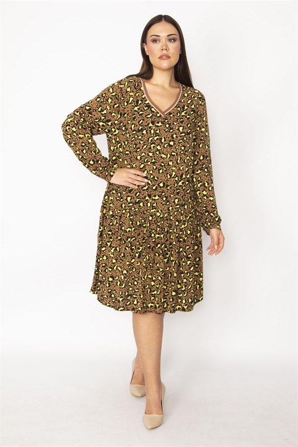 Kadın Desenli Yaka Ribanalı Eteği Katlı Elbise 65N29518