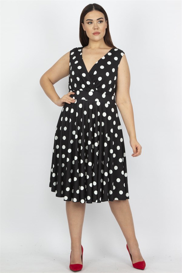 Kadın Siyah Puan Desenli Anvelop Arka Bel Lastik Detaylı Elbise 65N19620