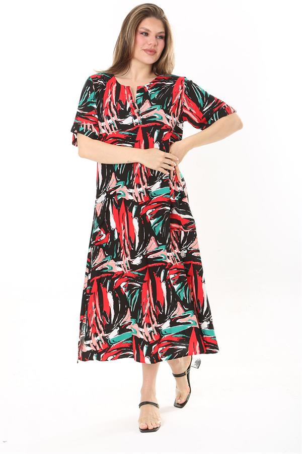 Kadın Büyük Beden Siyah Dokuma Viskon Kumaş Ön Pat Düğmeli Uzun Elbise 65N37861