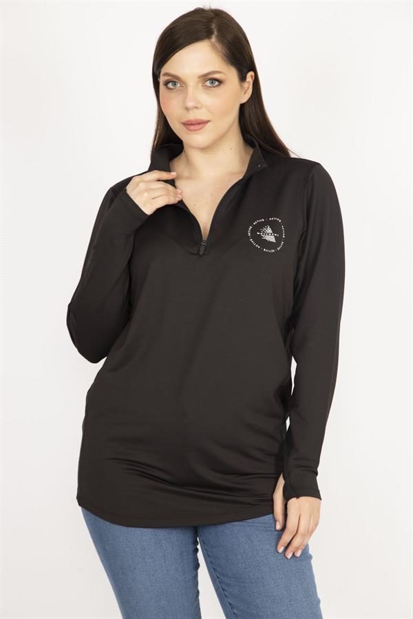 Women's Black Plus Size Front Placket Zippered Sweatshirt
