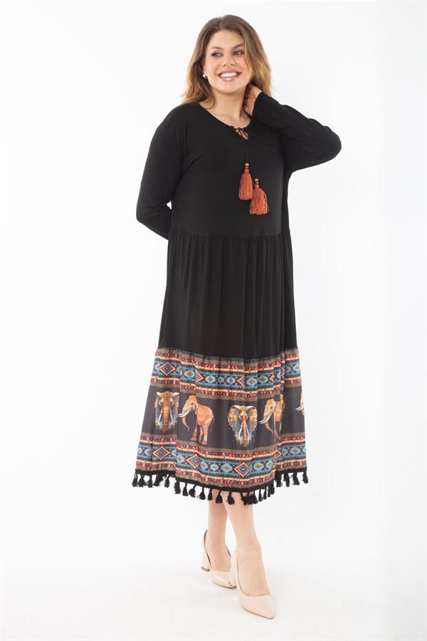 Kadın Büyük Beden Siyah Dijital Baskı Detaylı Öpücük Yakalı Katlı Elbise 65N37336