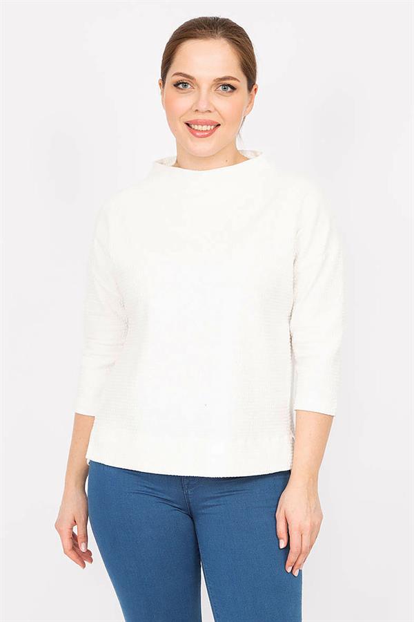 Kadın Kemik Büyük Beden Kapri Kol Kendinden Desenli Yan Yırtmaçlı Bluz