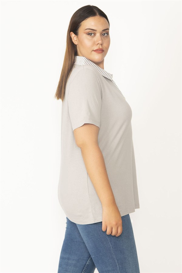 Kadın Gri Pamuklu Kumaş Polo Yakalı Pat Düğmeli Bluz 65N27322