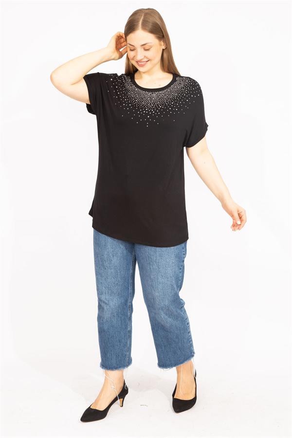 Kadın Mürdüm Büyük Beden Taş Detaylı Düşük Kol Bluz 65N35636