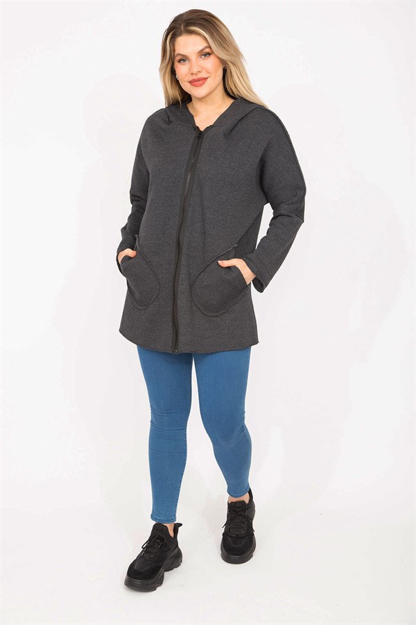 Kadın Antrasit Ön Fermuarlı Cep Ve Kapşonlu Mont 65N35108