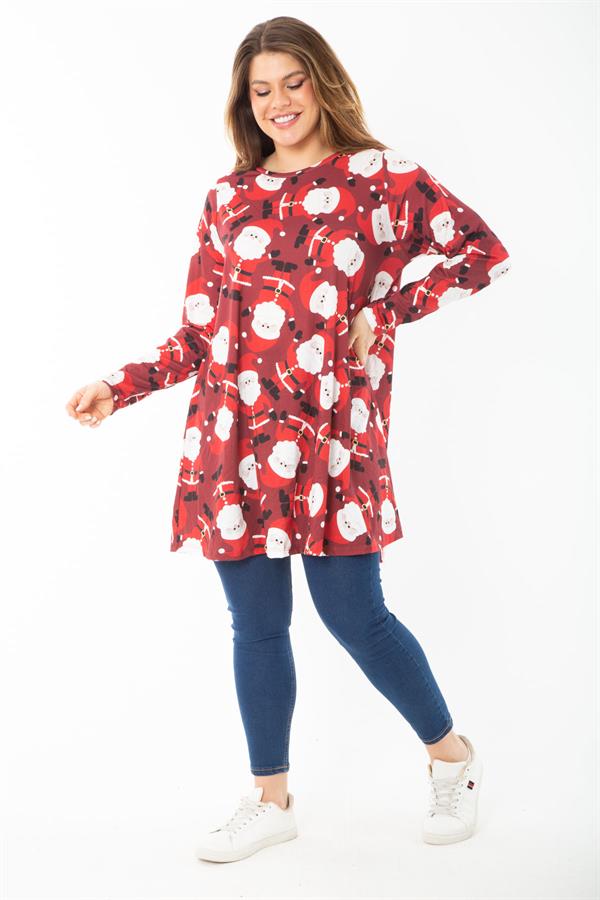 Kadın Büyük Beden Bordo Noel Desenli Tunik Elbise 65N37426