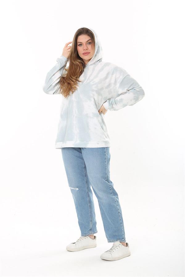 Women's Plus Size Green Batik Patterned Hooded Sweatshirt 65N37521