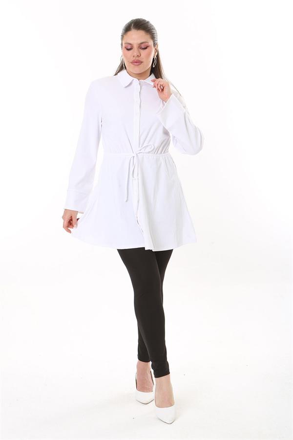 Kadın Büyük Beden Beyaz Ön Düğmeli Beli Tünel Bağcıklı Likralı Tunik Elbise 65N37700