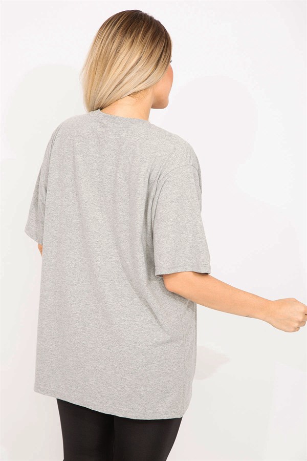 Kadın Gri Pamuklu Kumaş Ön Baskılı Bluz 65N35373