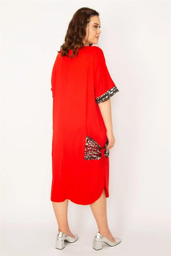 Kadın Kırmızı Cep Ve Kolu File Detaylı Taş Baskılı Viskon Elbise 65N33166