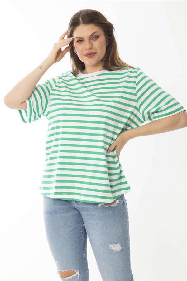 Kadın Büyük Beden Yeşil Bisiklet Yakalı Çizgili Bluz 65N37022