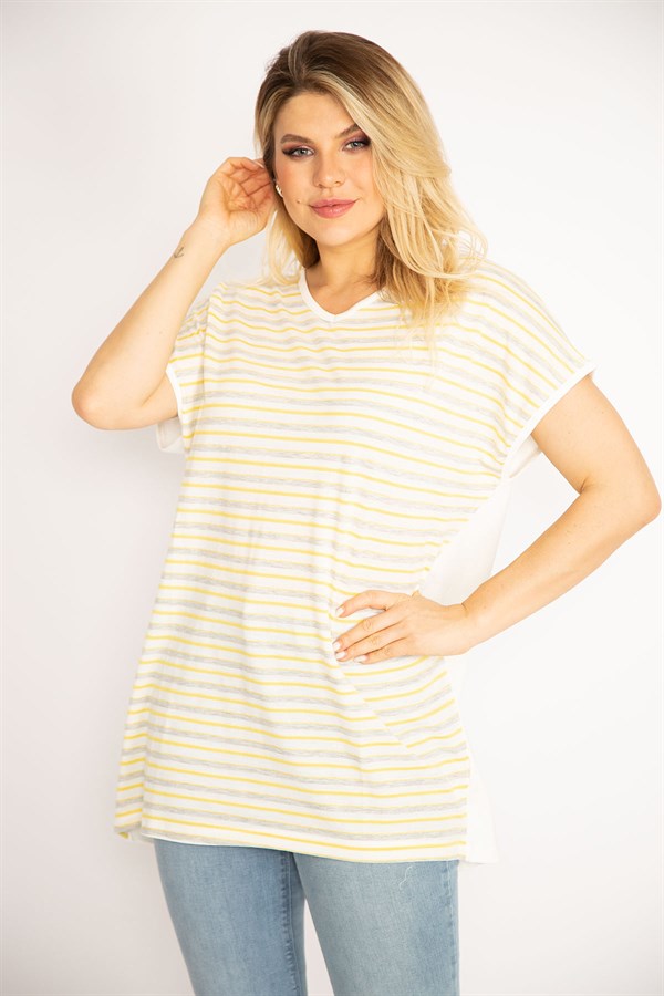 Kadın Kemik Ön Çizgili Arkası Düz Düşük Kollu Viskon Bluz 65N34914