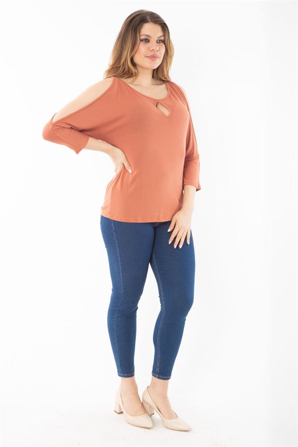 Kadın Büyük Beden Oranj Öpücük Yaka Omuz Dekolteli Uzun Kol Kollu Bluz