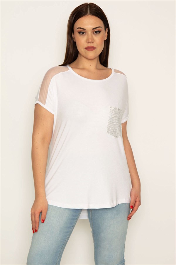 KADIN KEMİK OMUZLARI TÜL VE PETO CEBİ TAŞ DETAYLI VİSKON BLUZ