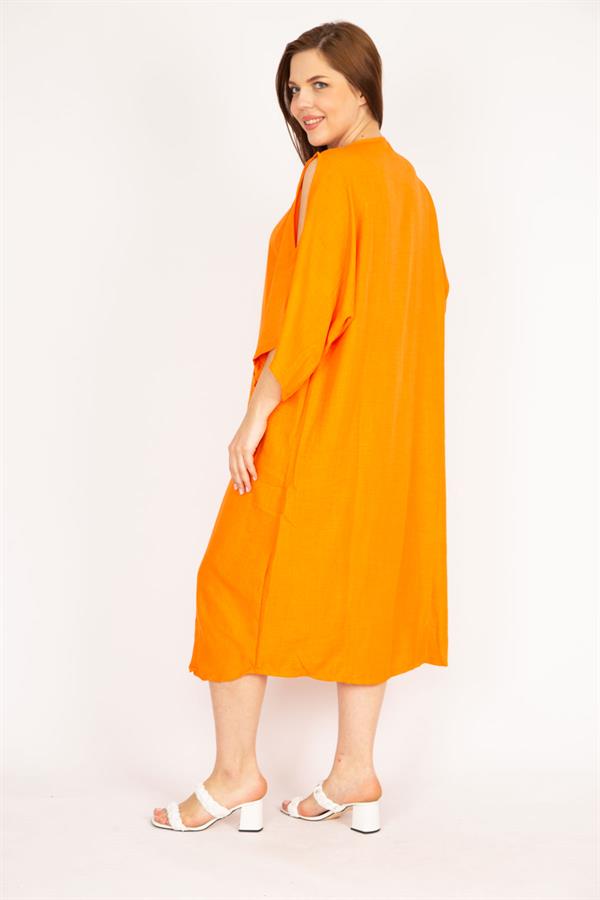 Kadın Camel Büyük Beden Omuz Dekolteli Ön Düğmeli Elbise