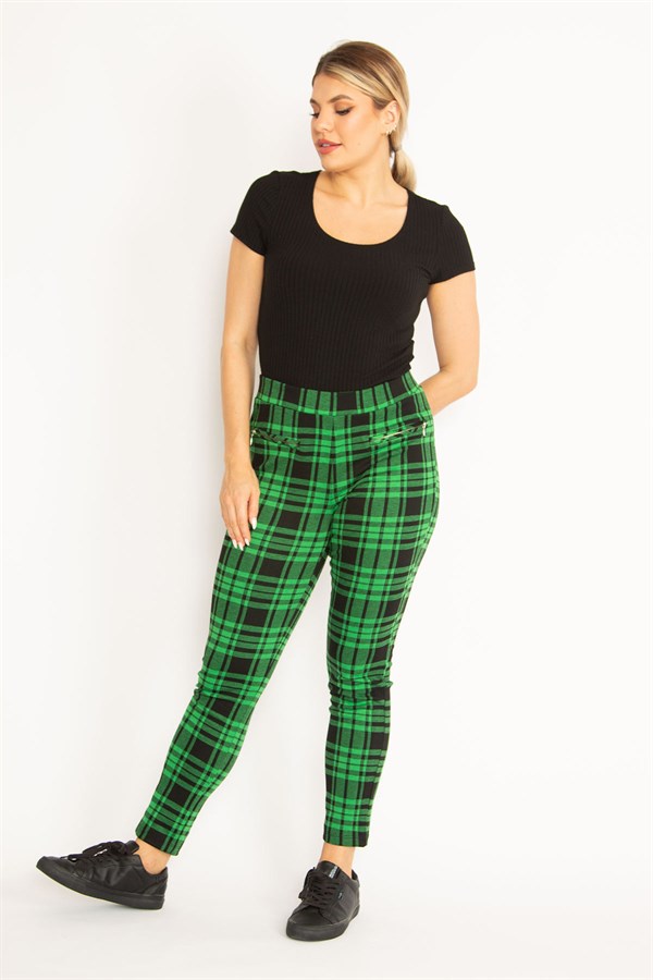 Kadın Kırmızı Ekose Desenli Süs Fermuar Cepli Tayt 65N34640