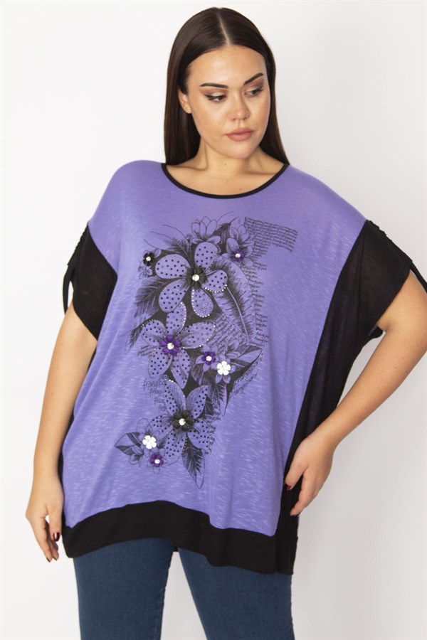 Kadın Eflatun Taş Ve Baskı Detaylı Kol Bağcıklı İki Renkli Tunik 65N29494