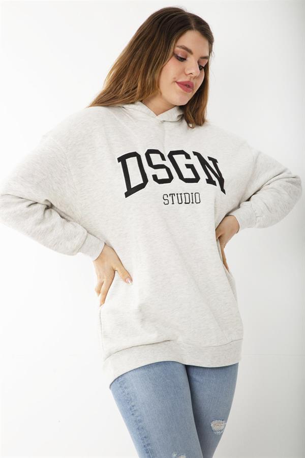 Kadın Büyük Beden Gri İçi Şardonlu Nakış Ve Kapşon Detaylı Sweatshirt 65N37208