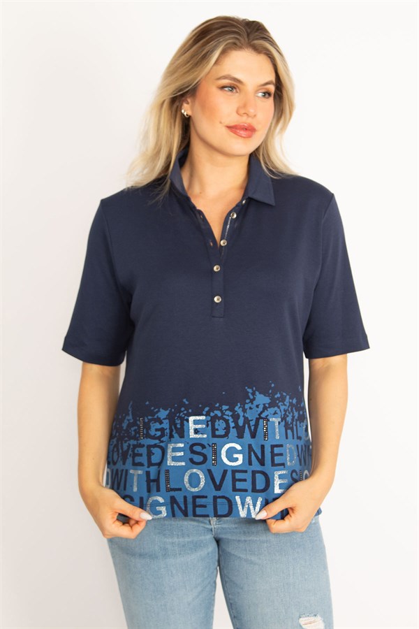 Kadın Haki Polo Yaka Pat Düğmeli Sim Ve Taş Detaylı Bluz 65N34521