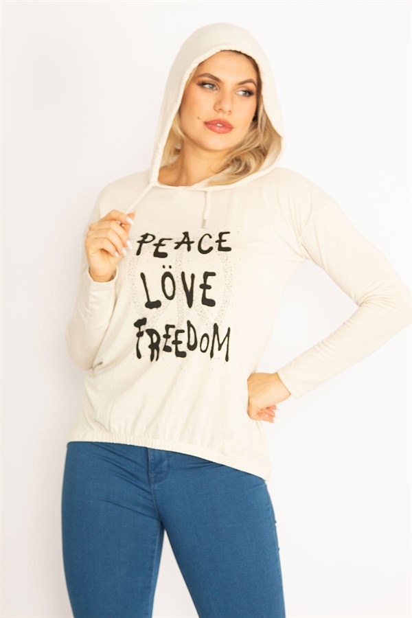 Kadın Bej Ön Baskılı Kapşonlu Etek Ucu Lastikli Bluz 65N34600