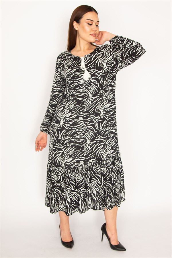 KADIN ORANJ DOKUMA VİSKON KUMAŞ UZUN KOLLU KATLI ELBİSE