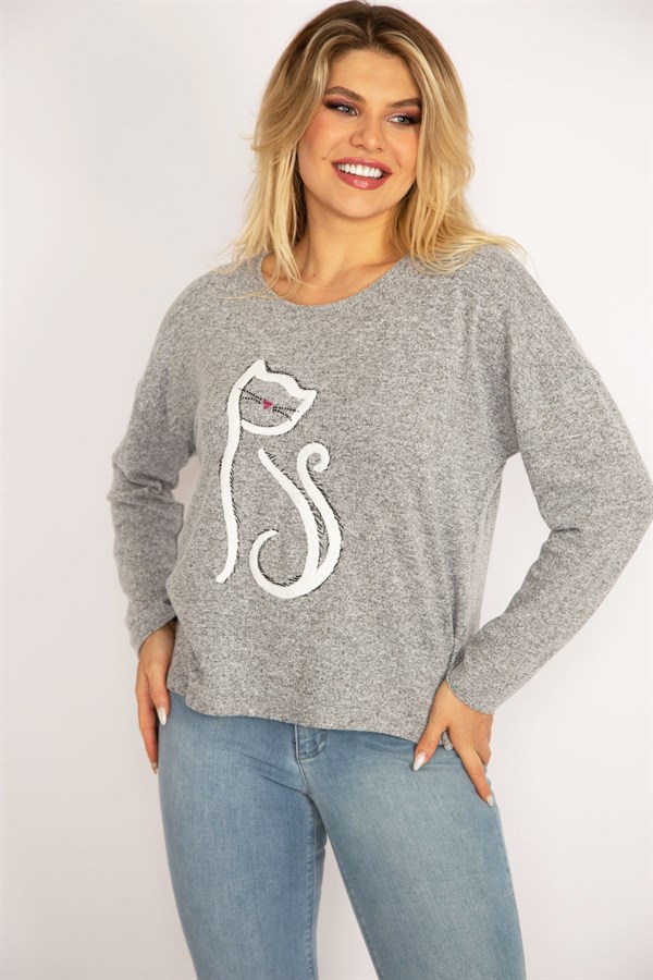 Kadın Gri Ön Nakışlı Bluz 65N34847