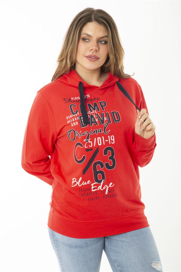 Women's Plus Size Red Double-Thread Front Printed Hooded Sweatshirt 65N37161