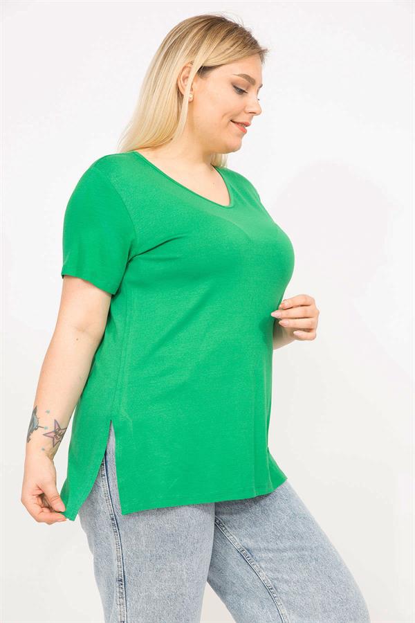 Kadın Yeşil Büyük Beden V Yakalı Viskon Bluz 65N35800