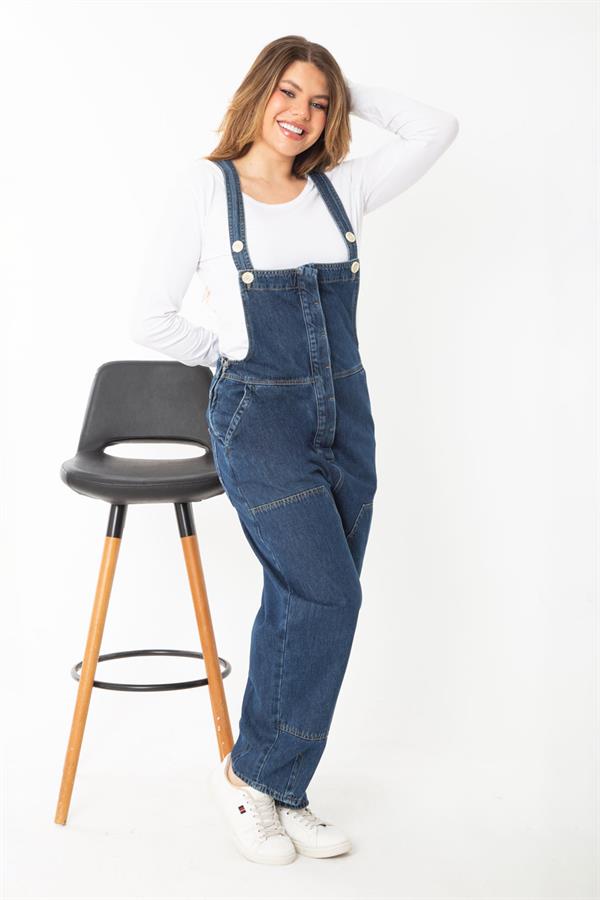 Salopette en jean bleu marine pour femme, boutonnée et à bretelles dissimulées, 65N37372