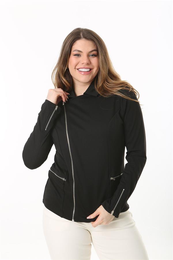 Kadın Büyük Beden Siyah Fermuar Detaylı Astarsız Ceket 65N37540