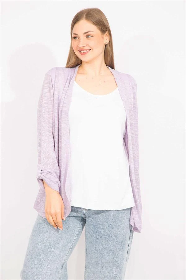 Kadın Lila Büyük Beden İkili Görünümlü Tek Parça Kol Detaylı Bluz 65N35575