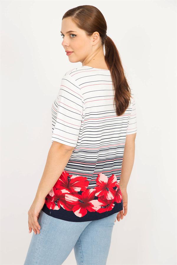 Kadın Renkli Büyük Beden Bisiklet Yakalı Desenli Bluz