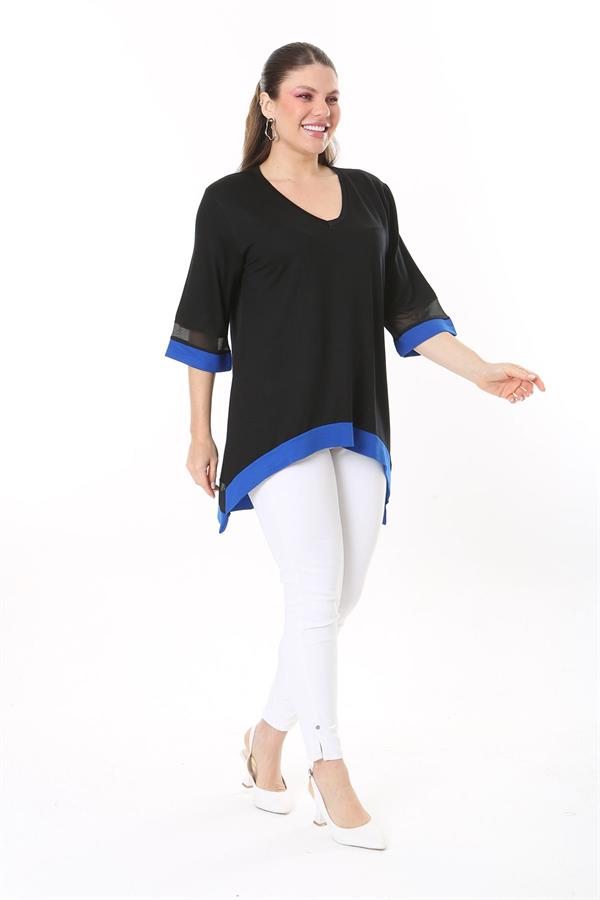 Kadın Büyük Beden Kemik Kol Ve Etek Ucu Tül Ve Garni Detaylı V Yakalı Arkası Uzun Tunik 65N37681